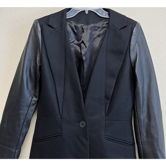 All Saints Black Wool Lambs Leather Long Coat Size 6 US Collarless Portex NEW - Picture 3 of 12